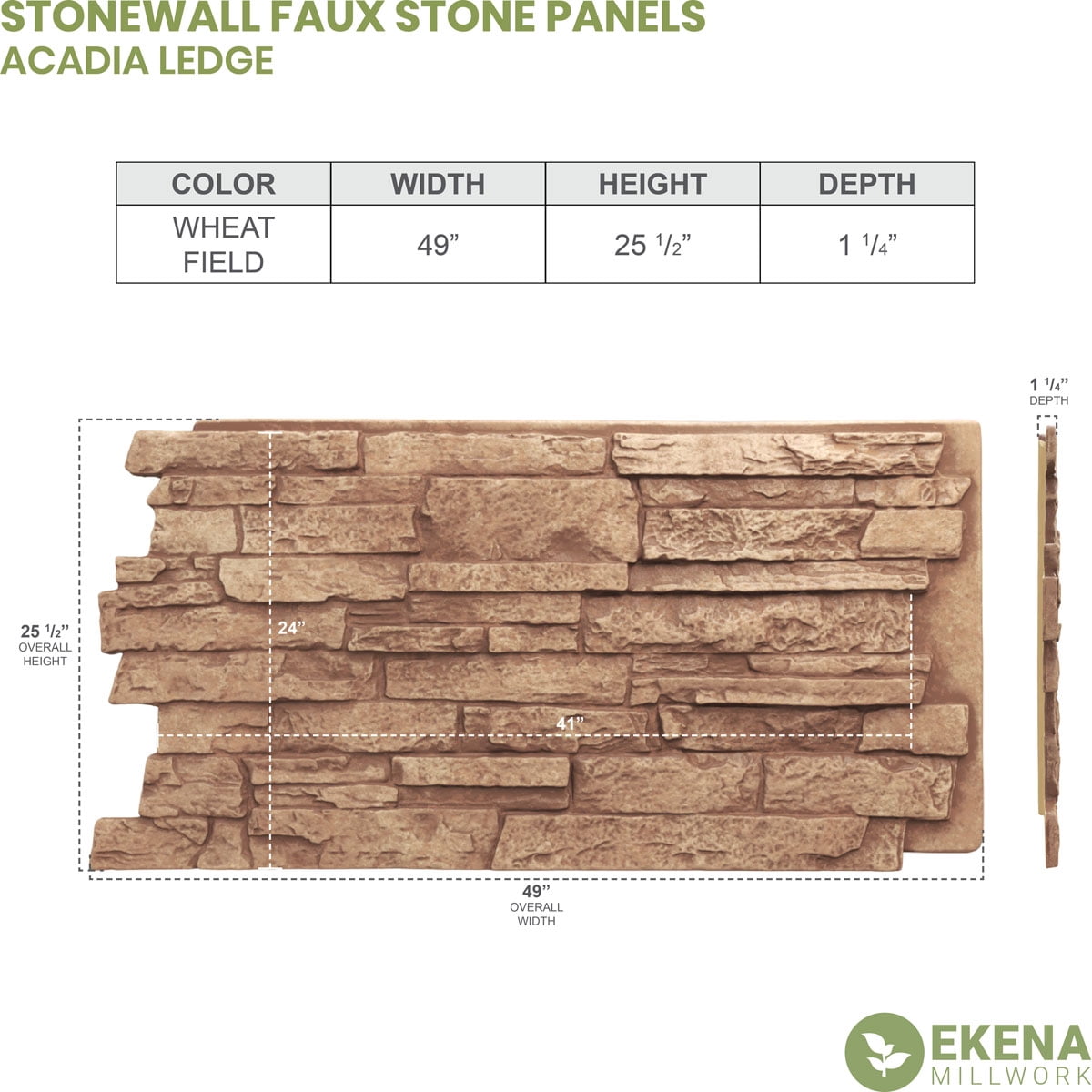 Ekena Millwork 49"W x 25 1/2"H x 1 1/4"D Acadia Ledge Stacked Stone, StoneWall Faux Stone Siding Panel, Wheat Field