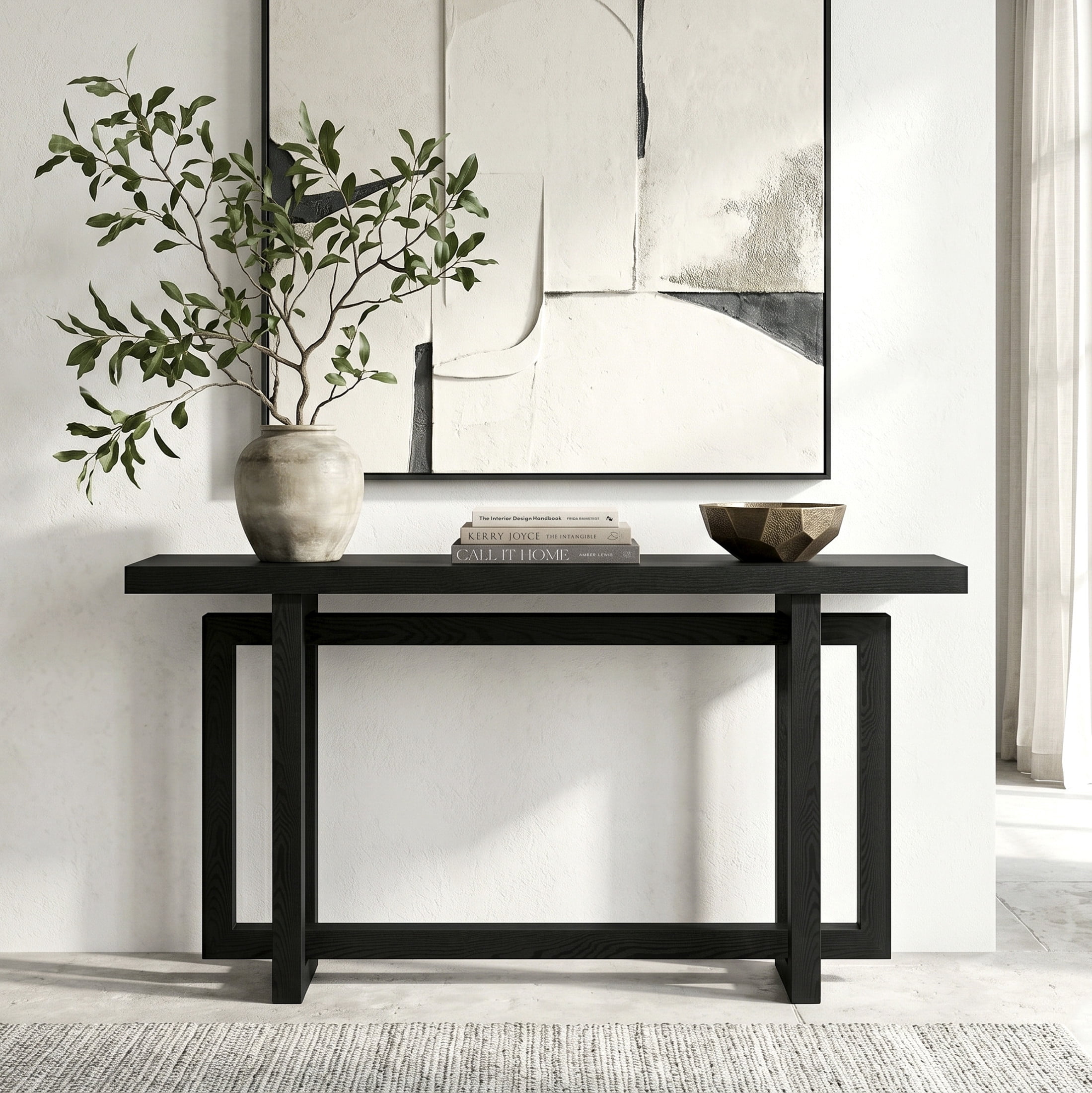 Evelyn&Zoe Breslow 55" Wide Rectangular Console Table, Black Grain