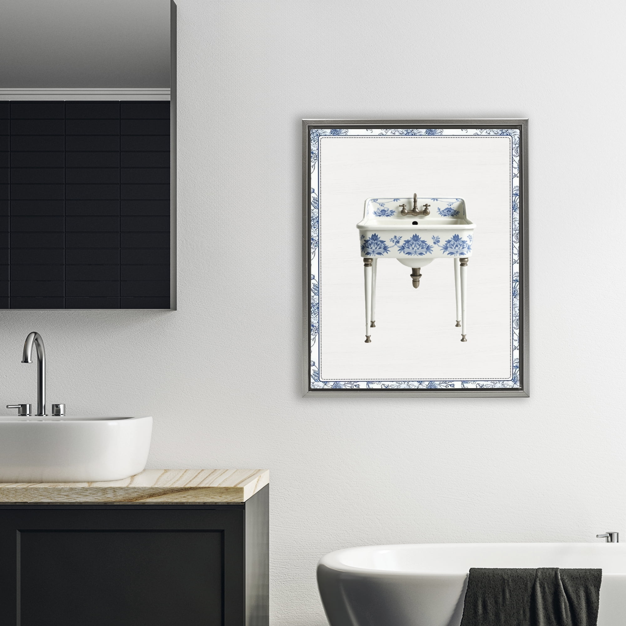 Vintage Chinoiserie Sink Gray Framed Floater Canvas Wall Art, design by Lettered and Lined