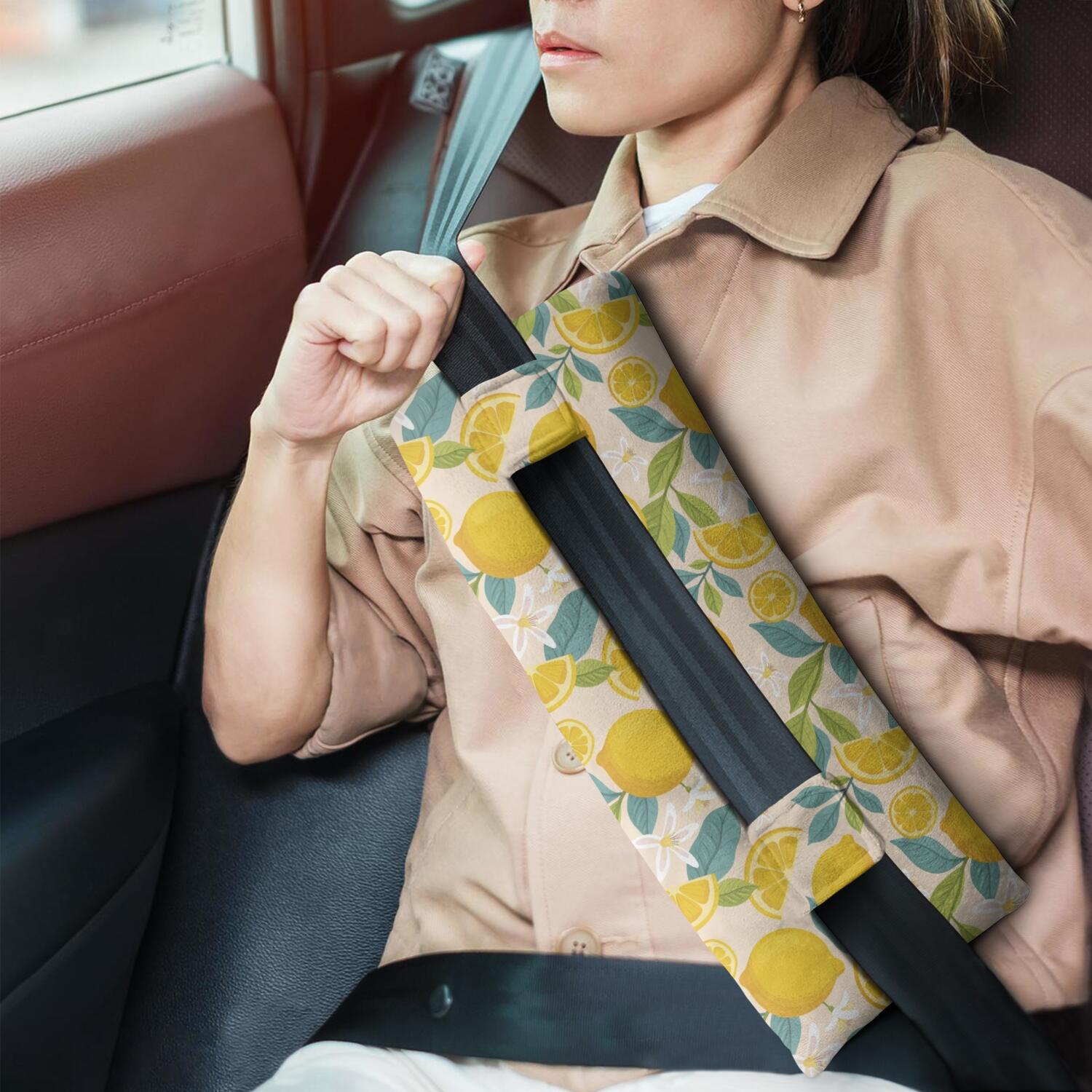 Fresh Lemon Print Seatbelt Pillow - Post-Surgery Mastectomy & Heart Surgery Recovery Cushion - Soft Modern Car Travel Pillow