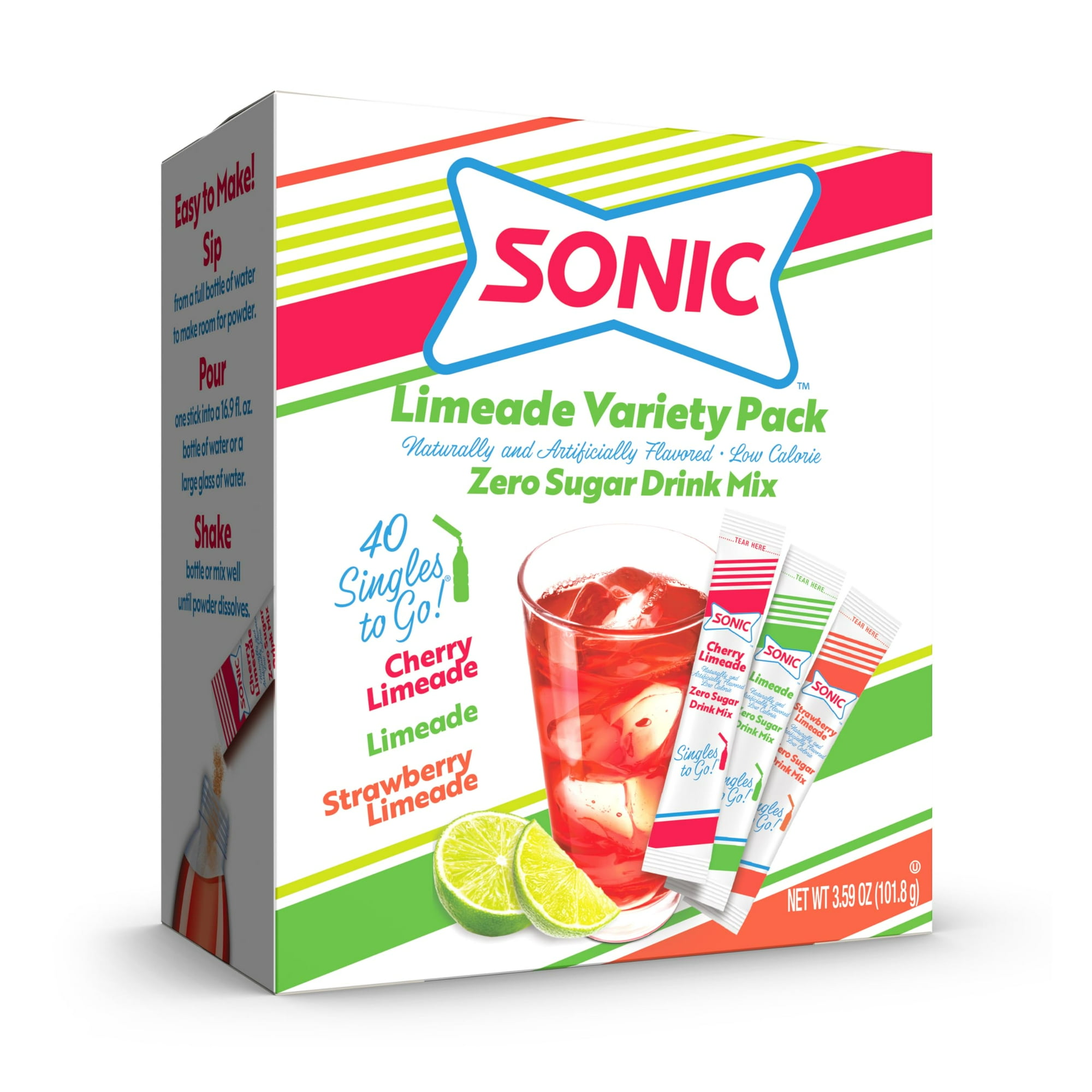 Pack of 2 - Sonic Singles To Go Limeade Variety Pack Watertok Powdered Drink Mix Includes 3 Flavors Limeade Cherry Limeade Strawberry Limeade 1 Box (40 Servings)