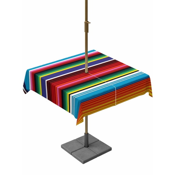 Outdoor Tablecloth with Umbrella Hole and Zipper, Colorful Striped Square Table Cloth 60x60 Inch Waterproof Tablecloth, Boho Rainbow Stripes Abstract Lines Picnic Table Cover for Patio Camping