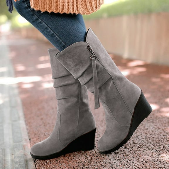 YOUSNH 2024 Ladies Fashion Casual Wedge Heel Frosted Side Zipper Decorative Round Toe Plush Medium Boots Womens Boots Grey 7