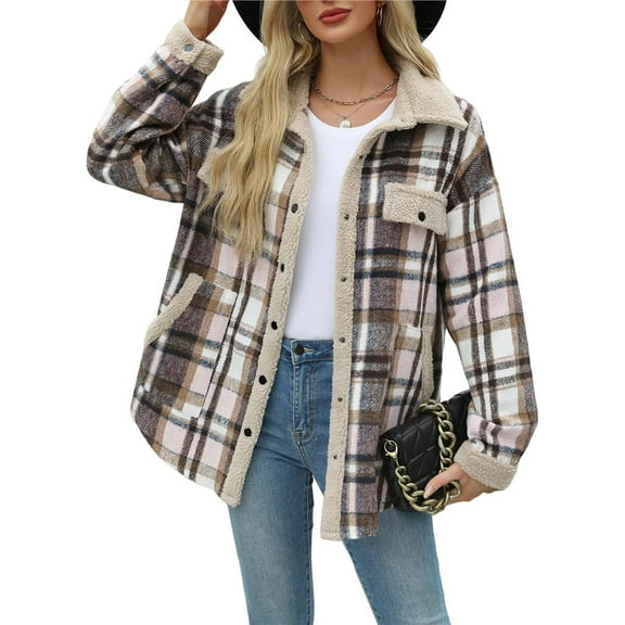 Womens Fall Flannel Shackets Plaid Button Down Jacket Casual Long Sleeve Fleece Shirt with Pockets Rice XXL