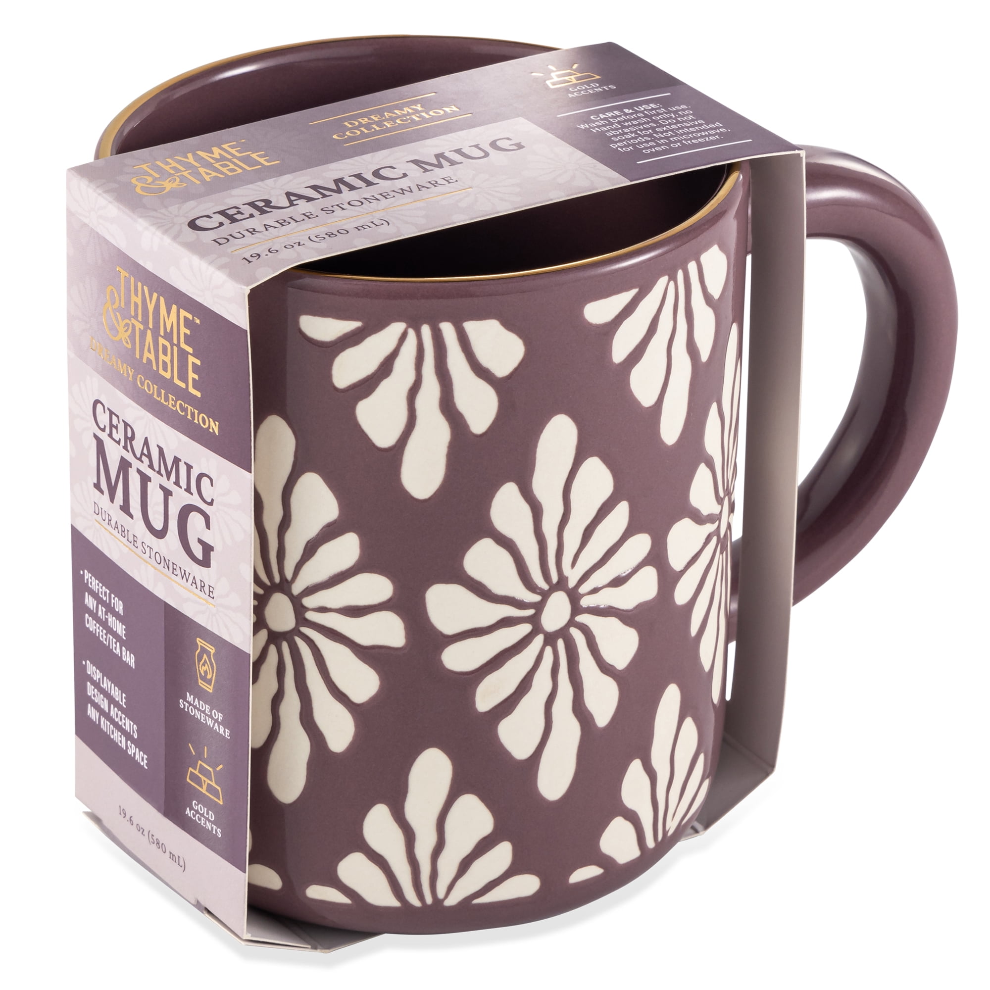 Thyme & Table Purple with White Flowers Mug with Gold Rim 19.6 fl oz, Stoneware