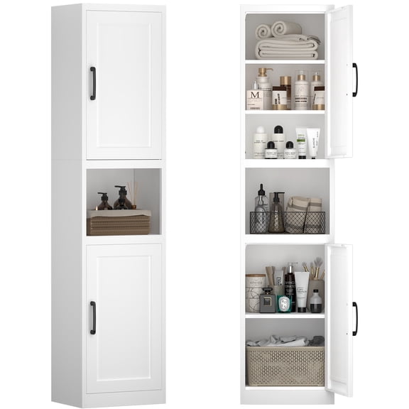 Marcree 67" Tall Bathroom Storage Cabinet, Metal Narrow Storage Cabinet with 2 Doors & 6 Shelves, Slim Skinny Cabinet for Linen, Pantry, Kitchen, Living Room & Home Office, White
