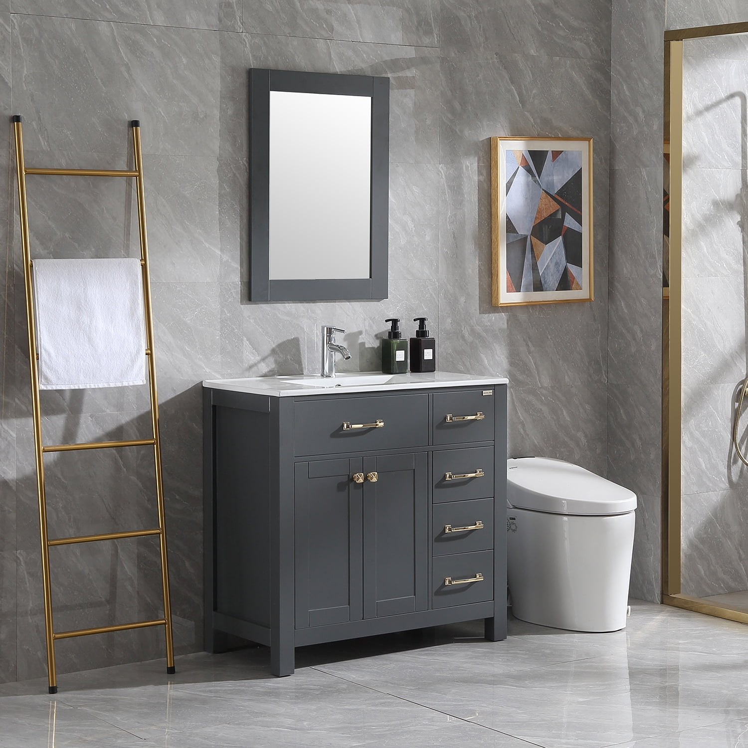Wonline 36inch Transitional Vanity for Bathroom Cabinet & Undermount Ceramic Vessel Sink Shaker Vanity Set Gray