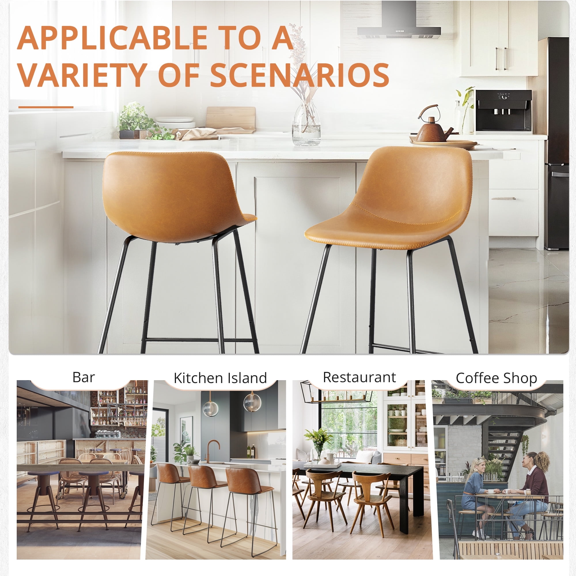 DYCANPO 24" Bar Stools Set of 3, Faux Leather, Whisky Brown, Comfortable and Durable for Kitchen Island