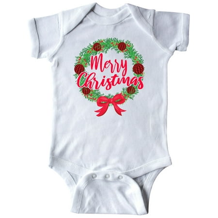 

Inktastic Merry Christmas Wreath with Red Bow and Ornaments Gift Baby Boy or Baby Girl Bodysuit