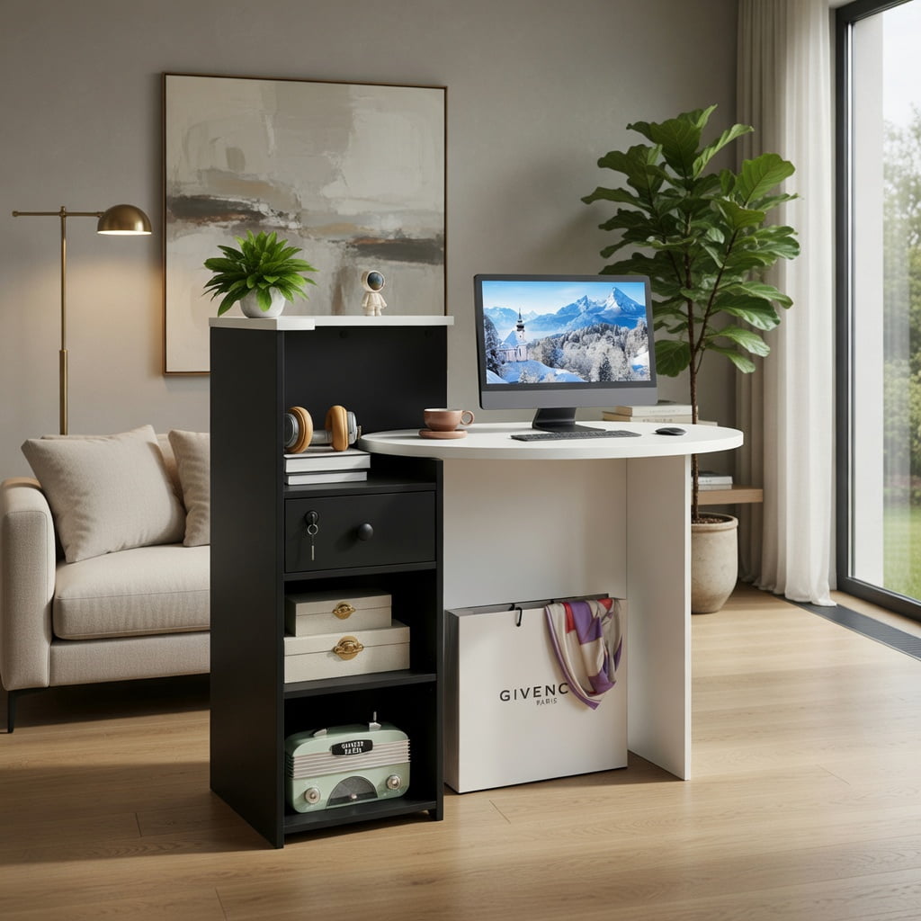 Demi Bonn Front Reception Office Desk with Open Shelf and Lockable Drawer, Small Home Computer Desk Study Writing Table, White + Black