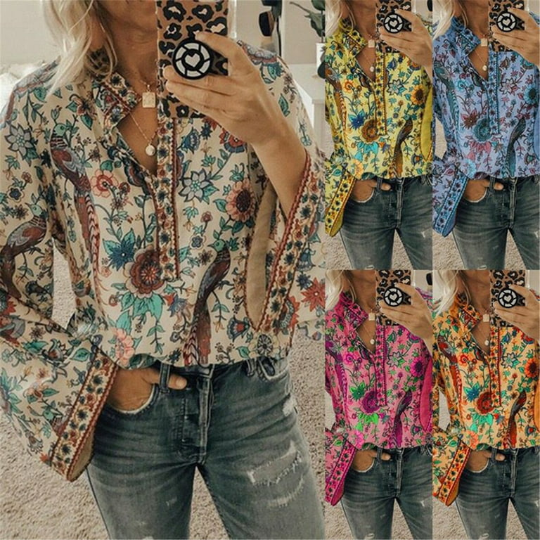 SUNSIOM Womens Casual Boho V Neck Top Loose Floral Print Bell Long Sleeve  Beach Shirt Blouse 