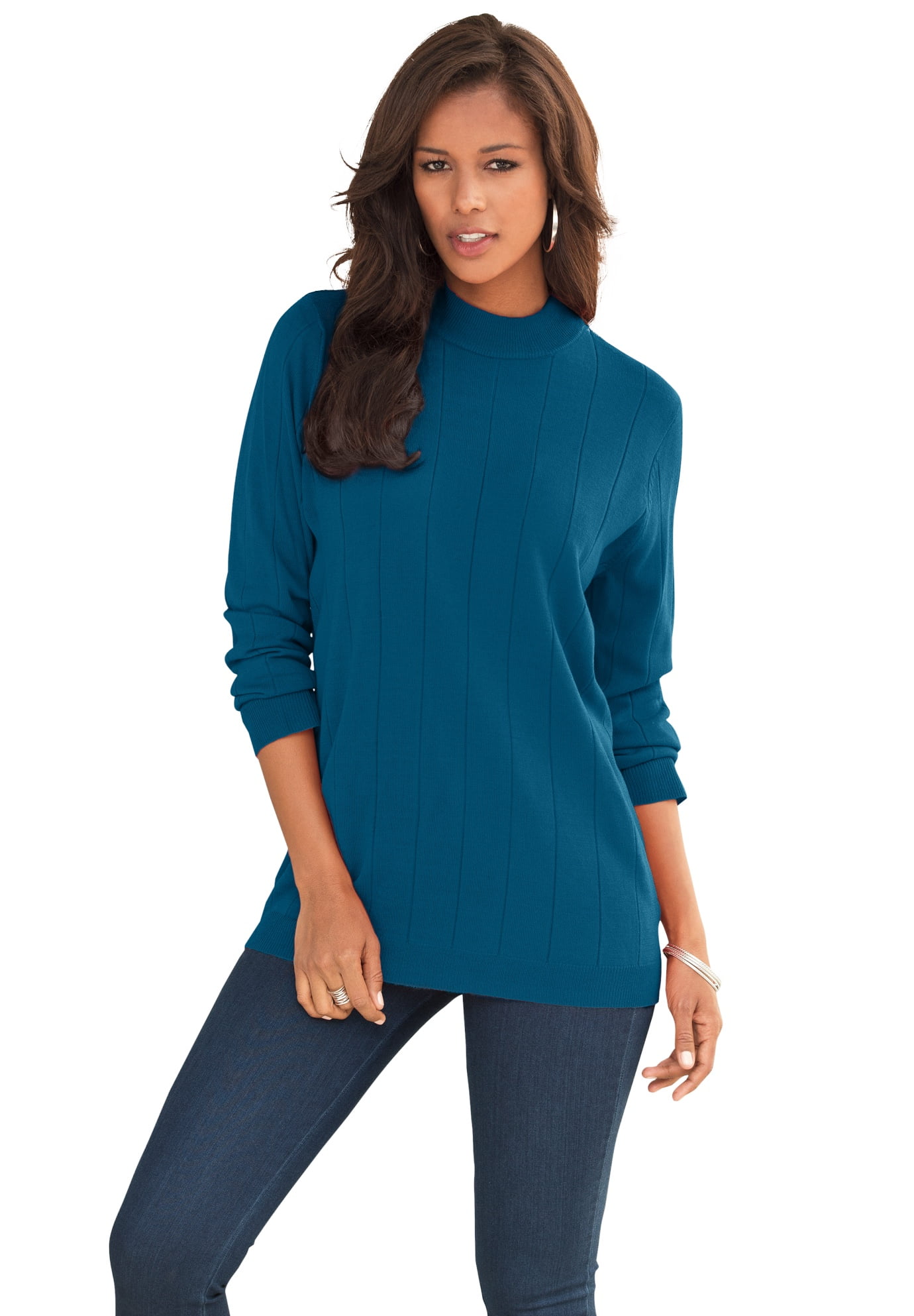 Roaman's Women's Plus Size Fine Gauge Drop Needle Mockneck Sweater