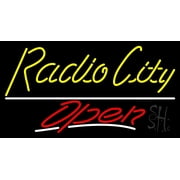 Cursive Radio City Open LED Neon Sign 13 x 24 - inches, Clear Edge Cut Acrylic Backing, with Dimmer - Bright and Premium built indoor LED Neon Sign for Computer & Electronics store decor.