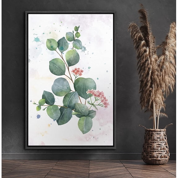 PixonSign Framed Canvas Print Wall Art Watercolor Green Leaves Nature Wilderness Illustrations Modern Art Contemporary Multicolor Pastel for Living Room, Bedroom, Office - 16x24 Black