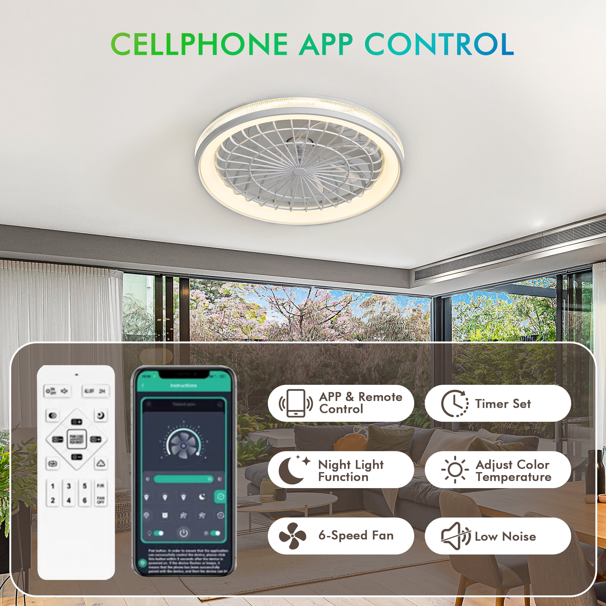 20"  Caged Ceiling Fans Lights,Low Profile Enclosed Lamp with APP Control,White