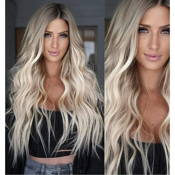 AmPm Sandy Blonde Wigs with Bangs, Ombre Brown Hair Beach Blonde Wig for Women, Synthetic Glueless Wig Natural Straight Layered Bang Wig 20 inch AmPm-220