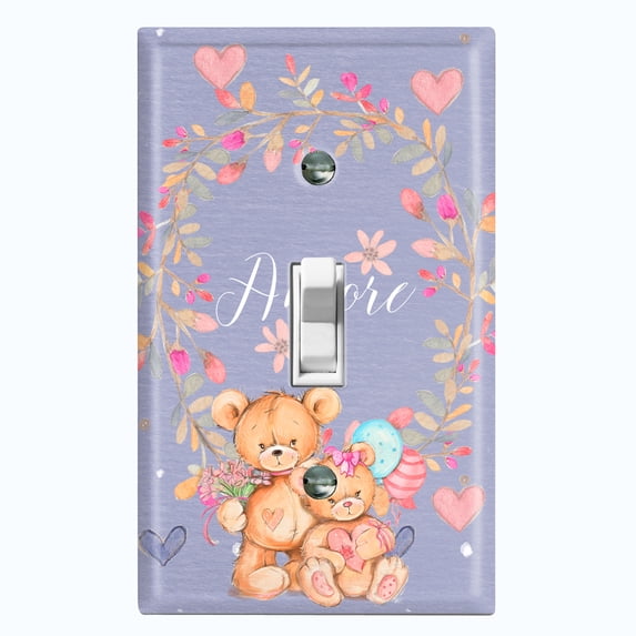 Metal Light Switch Wall Plate Outlet Cover (2 Teddy Bears With Love Heart Flower Balloon Flower Wreath Purple - Single Toggle)
