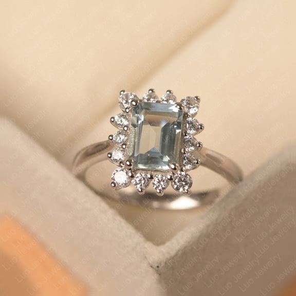 March birthstone, aquamarine anniversary ring, emerald cut, 14k white gold Plated, rectangle halo ring