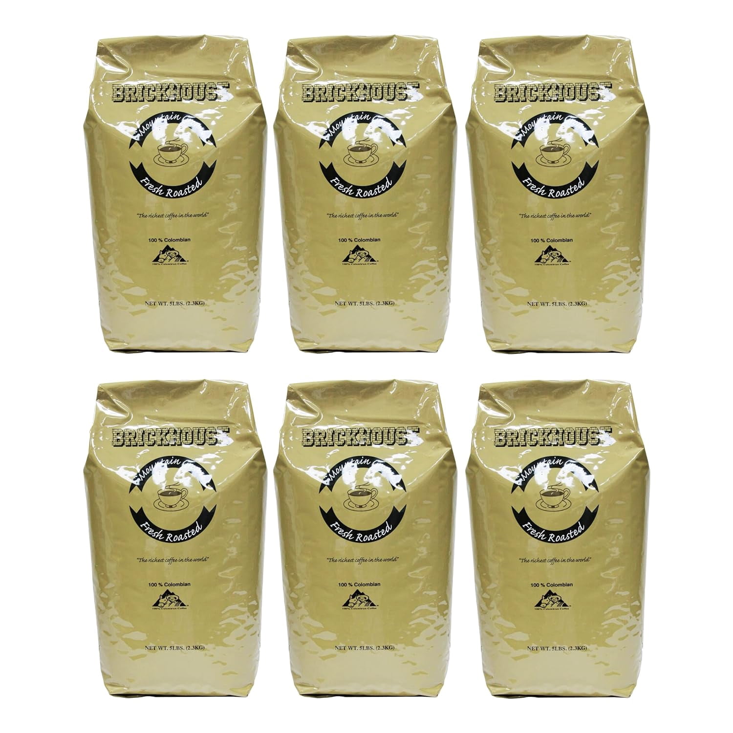 Brickhouse Coffee, 100% Colombian Whole Bean Medium Roast, 5lb bag (6 bags each)