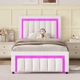 thumbnail image 3 of 4 EVER WINNER Twin Size Bed Frame with LED Lights, Velvet Upholstered Adjustable Diamond Headboard, Wooden Slats Support, Noise Free, No Box Spring Needed, White, 3 of 9