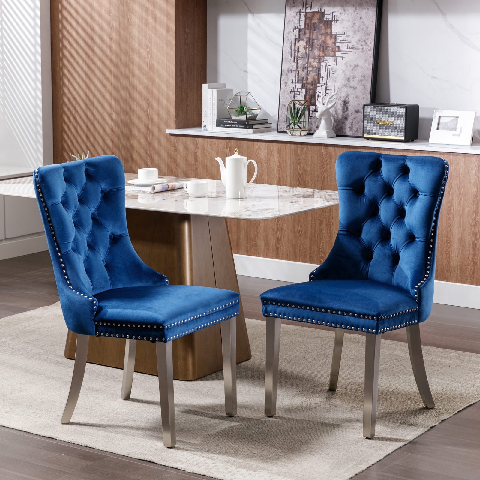 LegaHome Dining Chairs Set of 2, Modern Upholstered Velvet Dining Room Chairs with Nailhead Trim and Chrome Stainless Steel Plating Solid Wood Legs, Tufted Button Padded Chairs Set for Kitchen, Blue