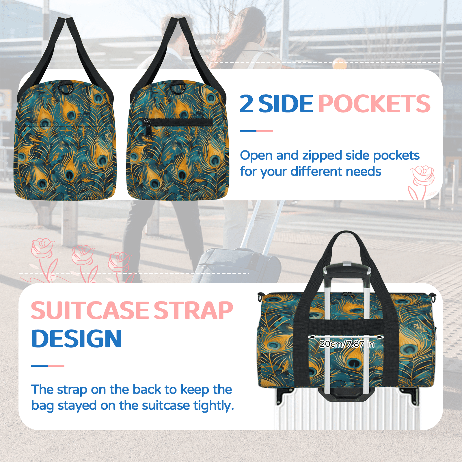 Herdesigns Bohemian Peacock Feather Travel Duffle Bag Sports Yoga Weekender Overnight Carry on Workout Bags Lightweight Waterproof Gym Tote Bag for Women