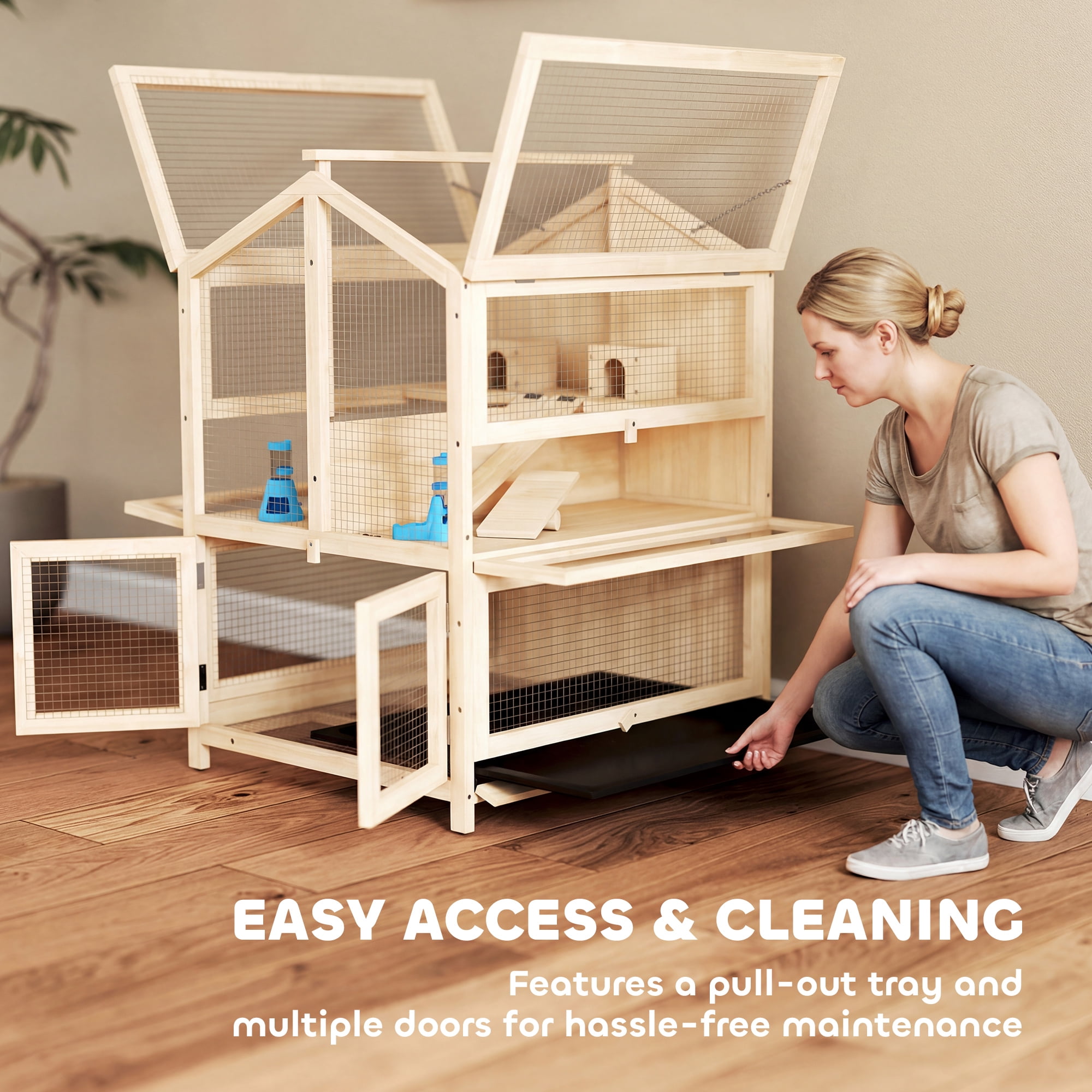 PawHut Wooden Hamster Cage, Large 3 Tier Hamster Cage with Pull-Out Tray, Hut, Seesaws, Ramps, 26.8" L x 24.2" W x 35.4" H