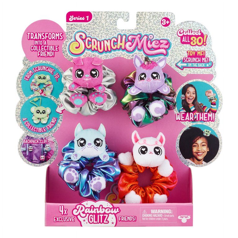 ScrunchMiez, Hair Band, 4 Pack, Plush Transforming Backpack Clip