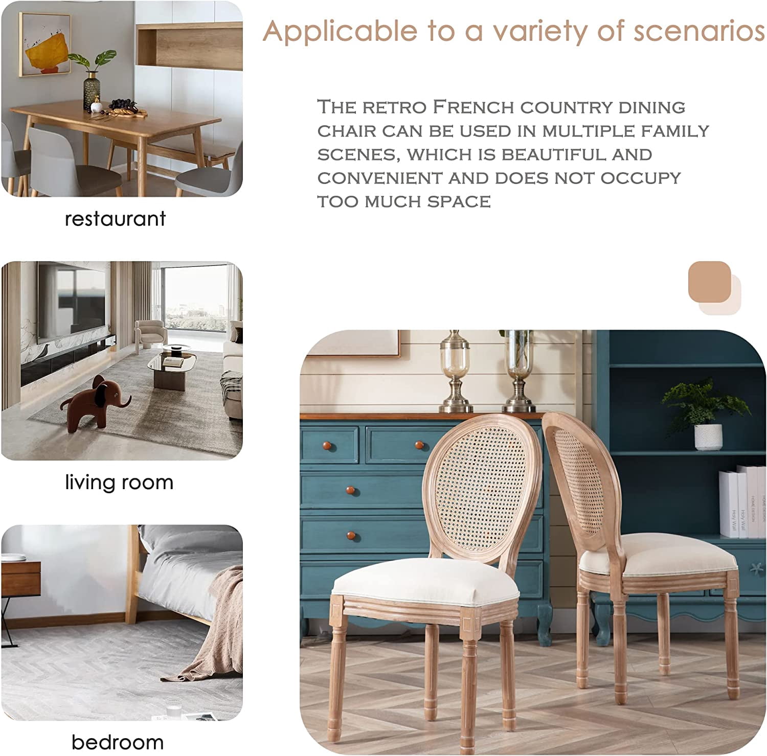 Sumdeal French Dining Chairs Set, Upholstered Vintage Farmhouse Chair,Mid Century Fabric Chair with Solid rubberwood Leg for Dining Room Bedroom Kitchen Restaurant