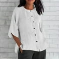 thumbnail image 2 of Brnmxoke 3/4 Length Sleeve Womens Tops 2024 Button Linen Shirts Casual Crewneck Summer Blouses Side Slit Loose Fit Plus Size Tshirts White,M, 2 of 6