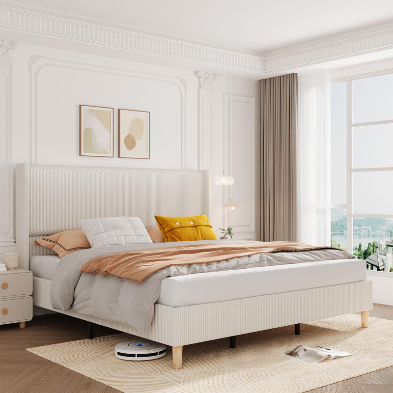 Towallmark Queen Bed Frame, Corduroy Upholstered Wingback Headboard, No Box Spring Needed Solid Wooden Slats Noise Free, Beige Platform Bed