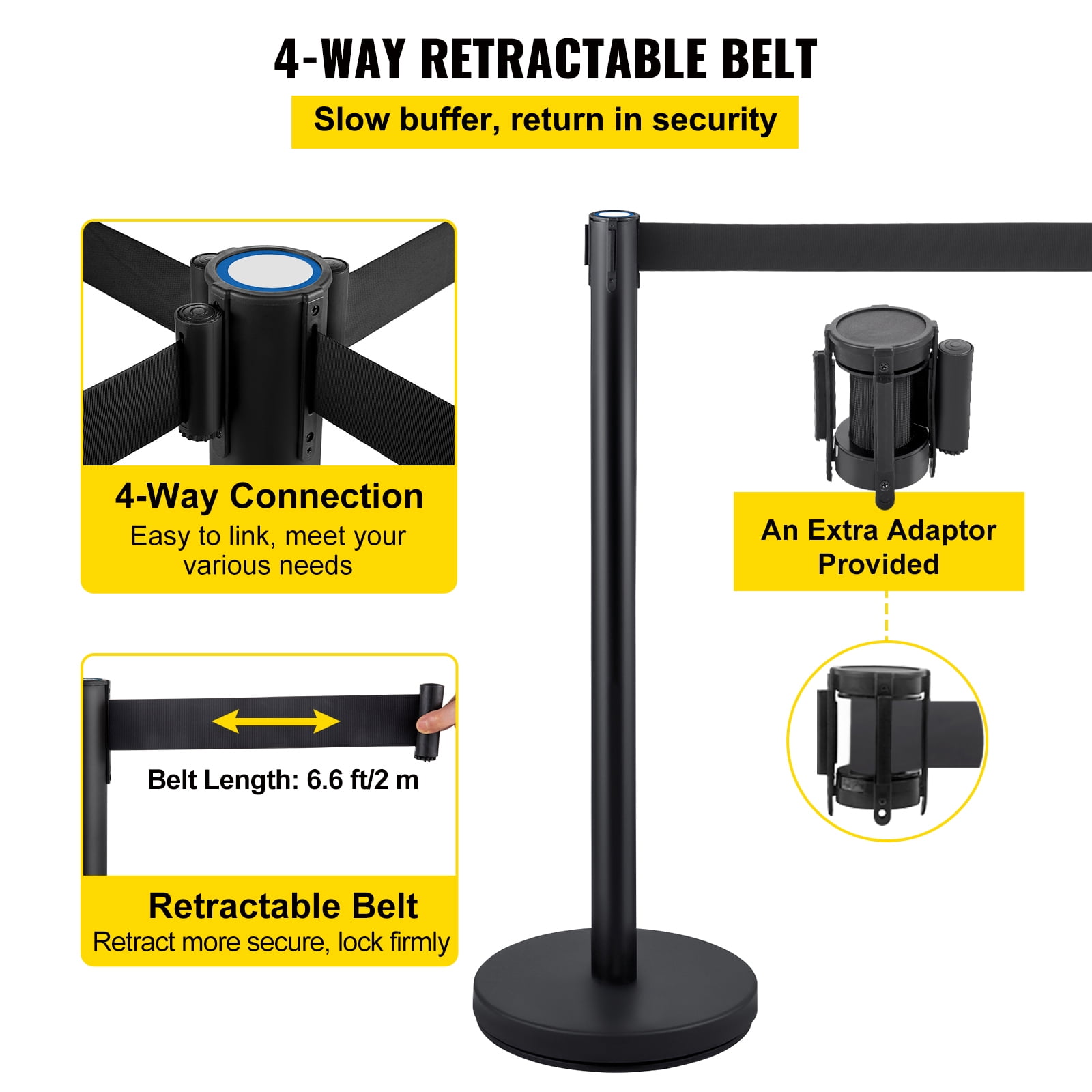 KFFKFF Queue Management Posts, 4 Units in a Set, Complete with 6.6 ft/2 m Retractable Black Belt, Black Public Management Barrier with Concrete and Metal Foundation - Simple Connection Setup