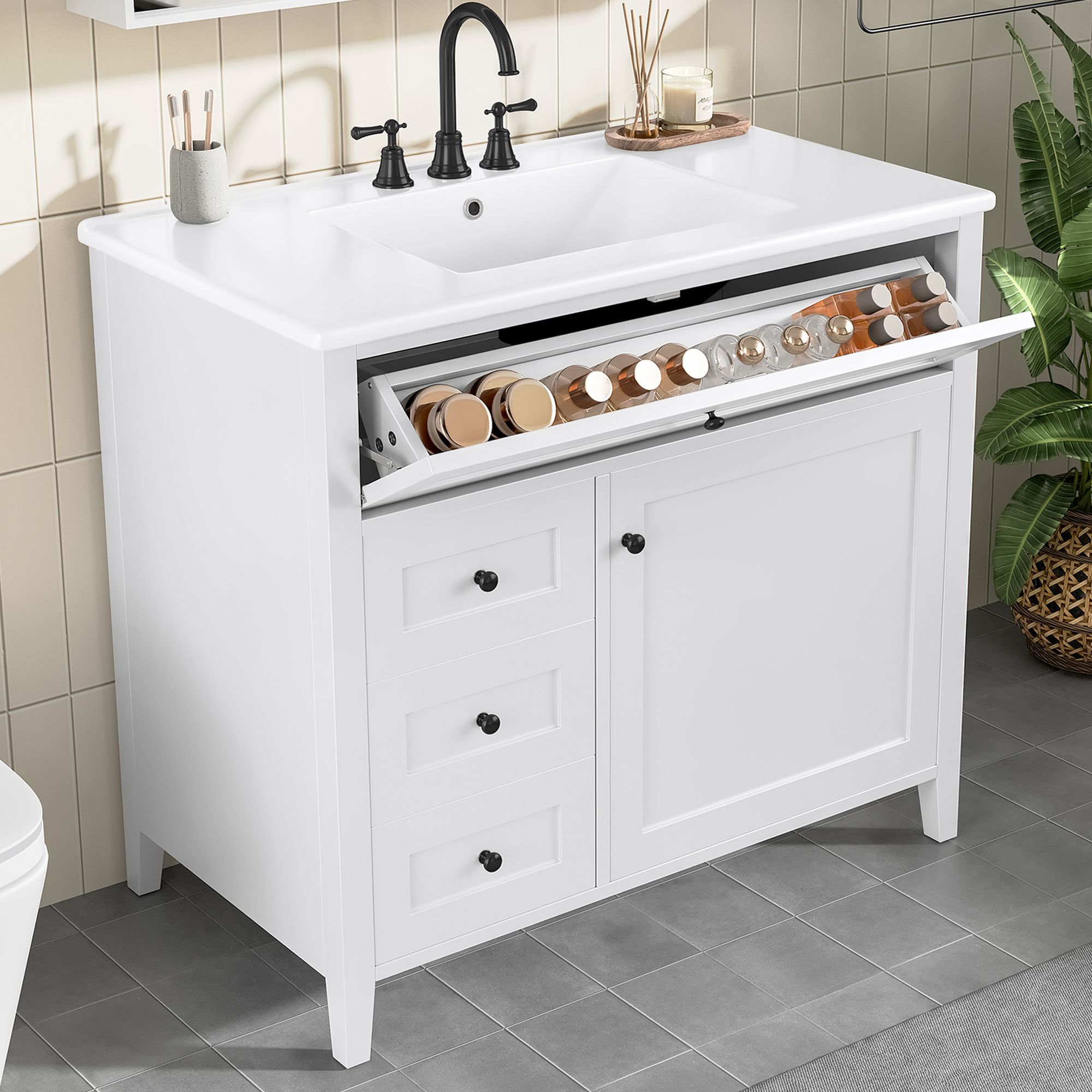 Euroco 36-Inch White Bathroom Vanity with Sink, Modern MDF and Rubberwood Cabinet with 3 Drawers and Adjustable Shelf, Freestanding Vanity for Bathroom Storage and Organization