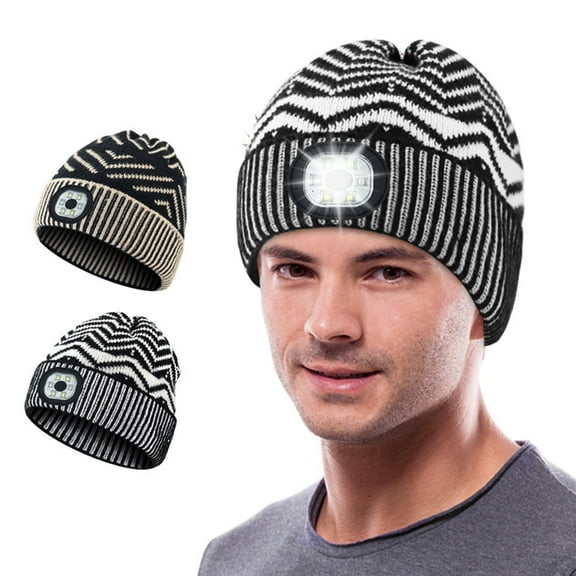 ZOELNIC Unisex USB charging Beanie Flap Jacquard LED Light Design with 4 Detachable Beads Luminous Headwear Knitted Hat Winter Hat