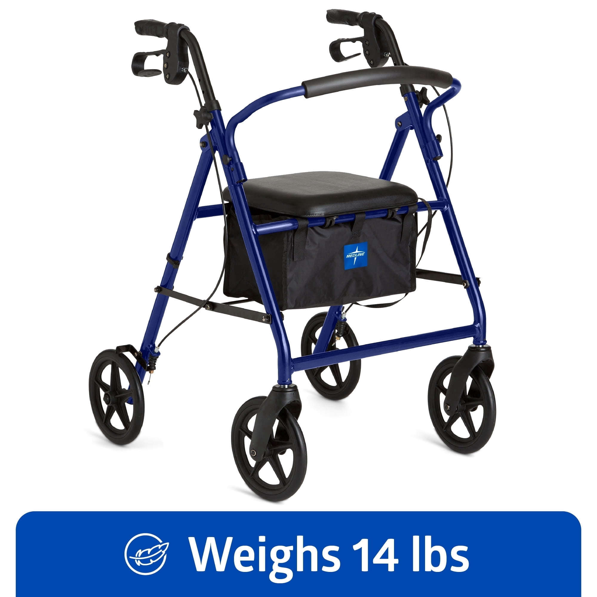 Medline Rolling Walker, Rollator with Seat and 8-In Wheels, Lightweight, Blue, 300-lb Capacity, Aluminum