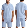 thumbnail image 4 of Men's 2-Piece Linen Summer Set, Casual Short Sleeve Shirt and Vacation Shorts, Breathable Beach Outfit For Tropical Holiday and Travel,Light Blue,XL, 4 of 8