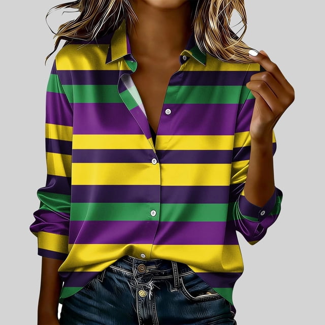 TaTaai Ladies Carnival Theme Long Sleeve Blouse Round Neck Casual Polyester Top Lightweight Printed Asian Fit Size Up Gift
