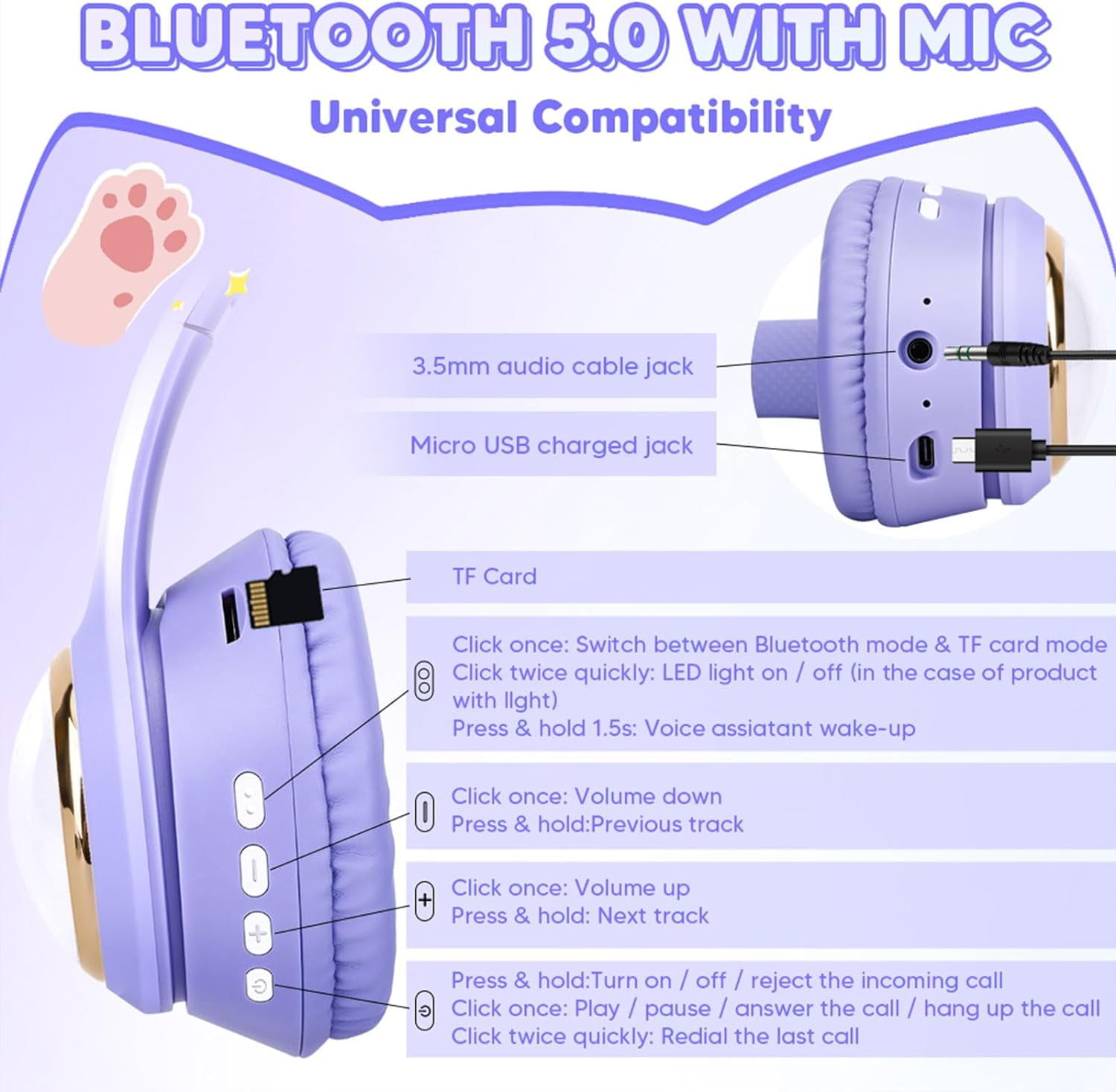 QearFun Cat Headphones with LED Lights for Girls Kids for School,Kids Bluetooth Headphones with Microphone & 3.5mm Jack, Teens Toddlers Wireless Headphones with Adjustable Headband for Tablet/PC-Pink