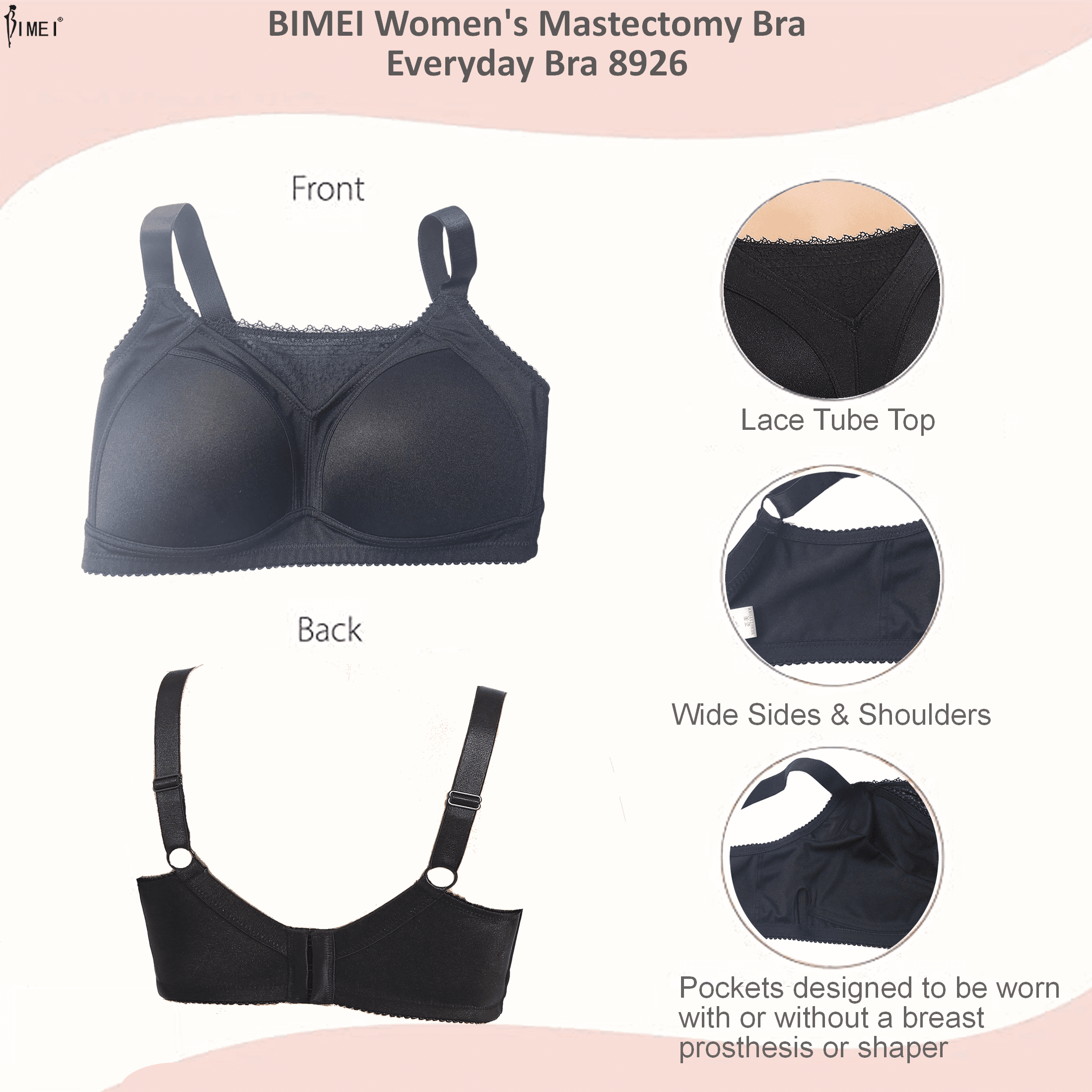 BIMEI Mastectomy Bra with Pockets for Breast Prosthesis Women's Full Coverage Wirefree Everyday Bra Plus size 8926,Black, 34A