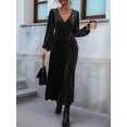 thumbnail image 4 of Robe en Velours à Manches Longues pour Femme, Col en V, Vacances, Cocktail, Fête, Semi-Formelle, Midi, Noire, G, 4 of 9