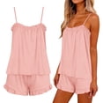 thumbnail image 7 of Women's Solid Satin Bridal Two Piece Pajama Sets, Ruffle Spaghetti Strap Tank Top & Elastic Waist Shorts, Romantic Glossy Fabric Ideal For Wedding Spa Daily | TruHer,Pink S, 7 of 7