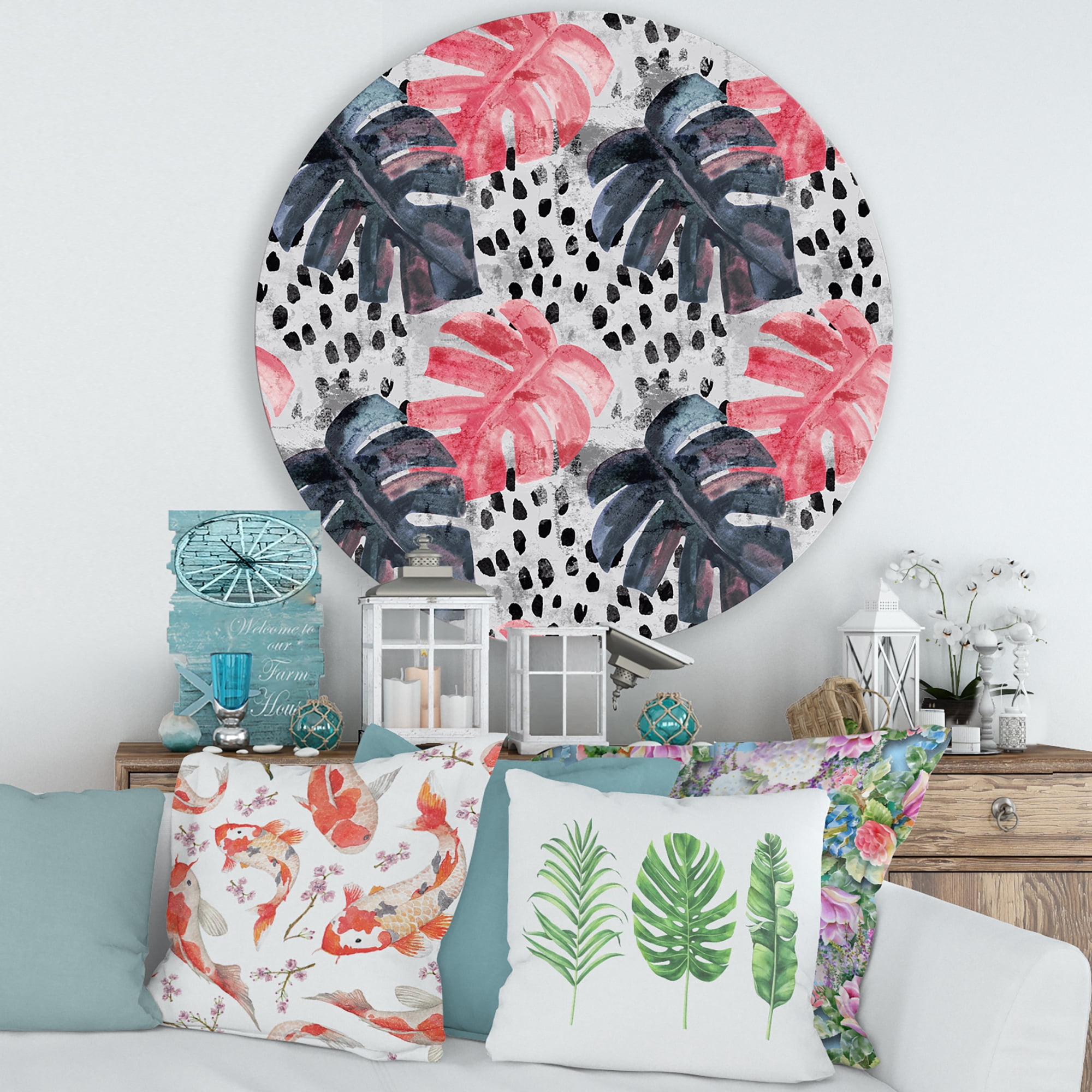 Designart 'Black and Red Monstera On Rough Brush Strokes I' Tropical Circle Metal Wall Art 36x36 - Disc of 36