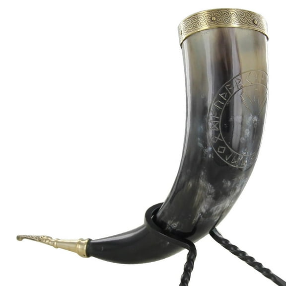 Armory Replicas Hand Carved Algiz Protection Warding Viking Horn | Medieval Norse Drinking Horn with Celtic Knot Brass Rim, Crocodile Stopper & Iron Stand