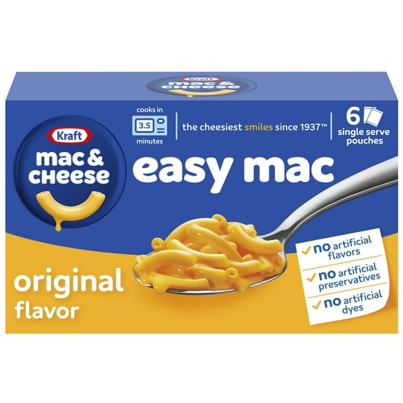 Kraft Easy Mac and Cheese, 6 Packets, for Easy Dinner or Dinner Sides, Original Flavor, No Artificial Flavors, Preservatives or Dyes, 12.9 oz