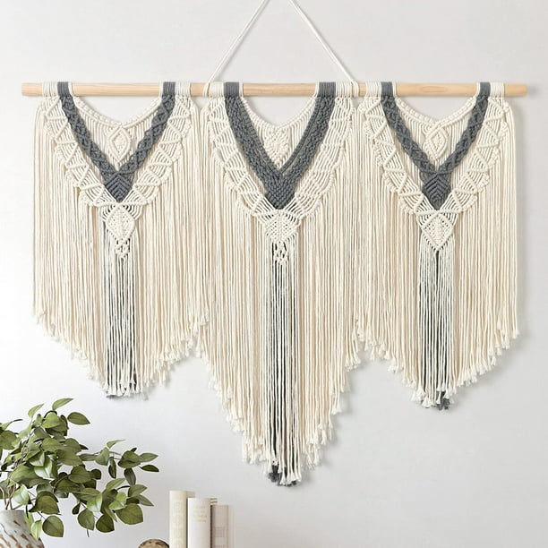 Tapiz bohemio grande de macramé para colgar en la pared, 110x80cm, hecho a mano, con borlas grises y beige, tapices bohemios para decoración de pared de dormitorio, decoración de balcón, decoración