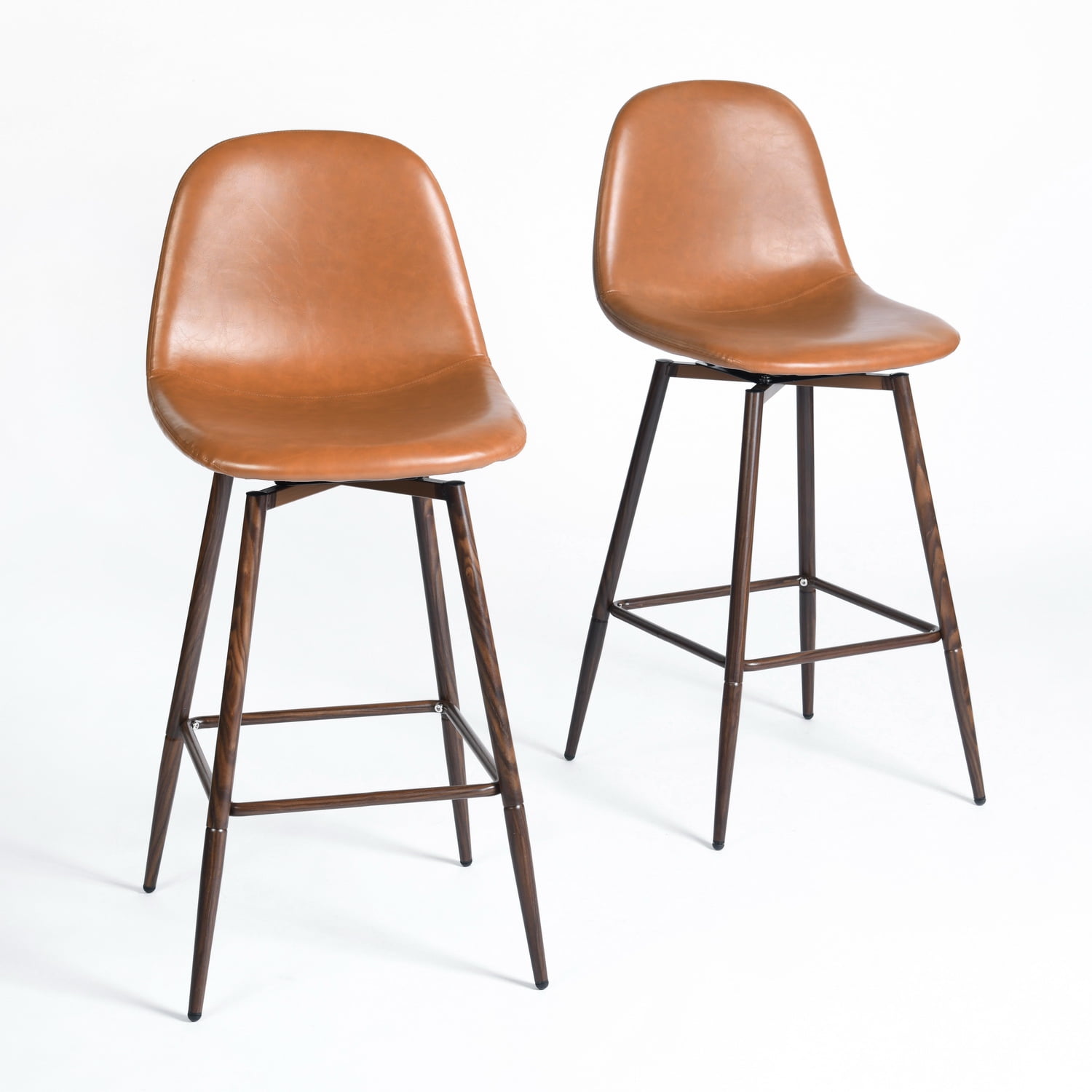Lot de 2 tabourets de bar pivotants d'extérieur Homy Casa, design moderne du milieu du siècle, sièges rembourrés en cuir synthétique pour jardin et terrasse, cognac