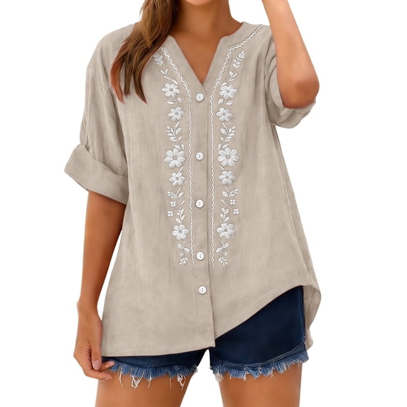 Women's 3/4 Sleeve Tops Solid Color Stand Collar Button Up Loose Casual Long Sleeve Shirt V Neck T Shirts for Women