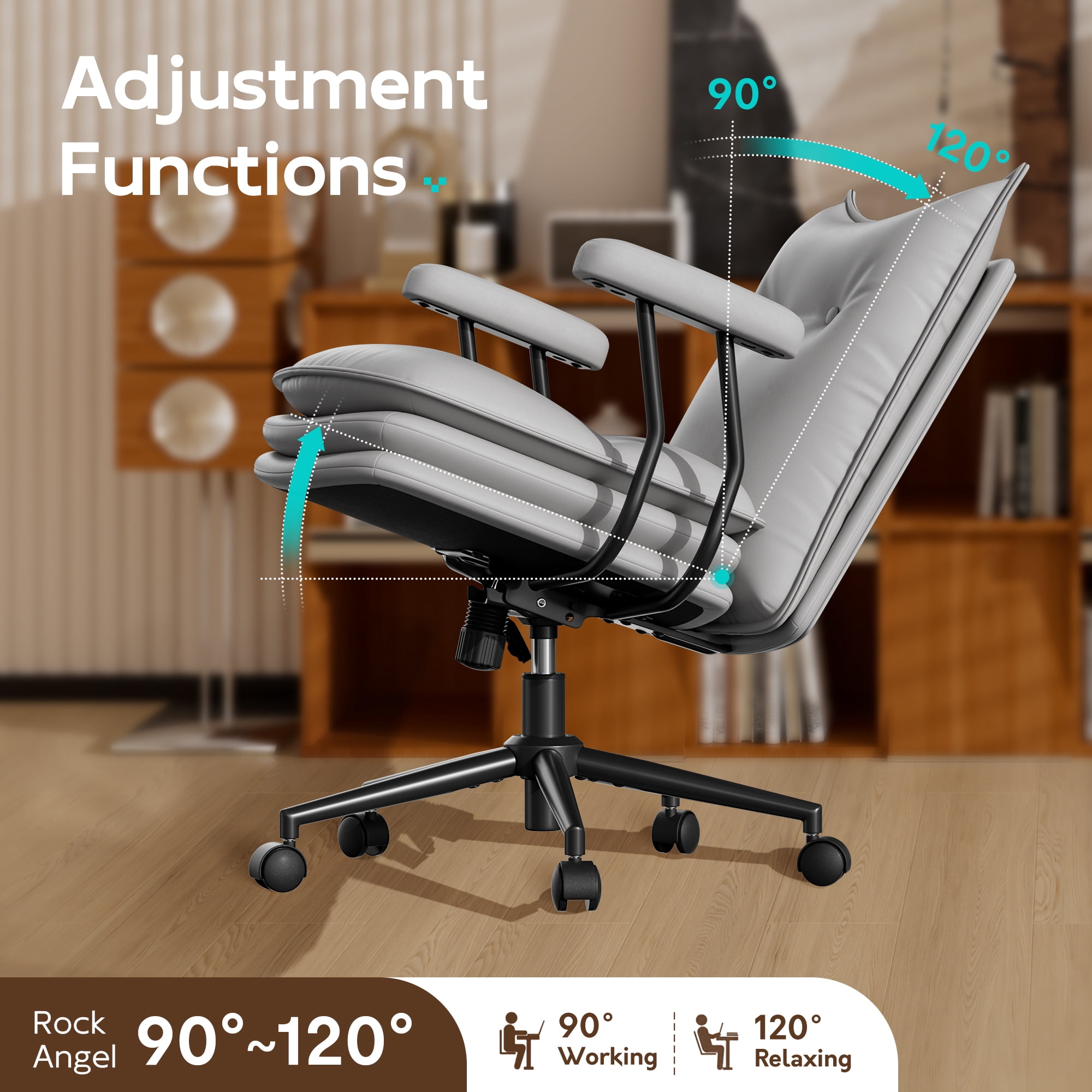 iooHug Ergonomic Gray Office Chair, PU Leather Desk Chair with Thick Cushioned Seat, Mid Back Swivel Office Chair for Home Office & Study, Adjustable Height, 300 LBS