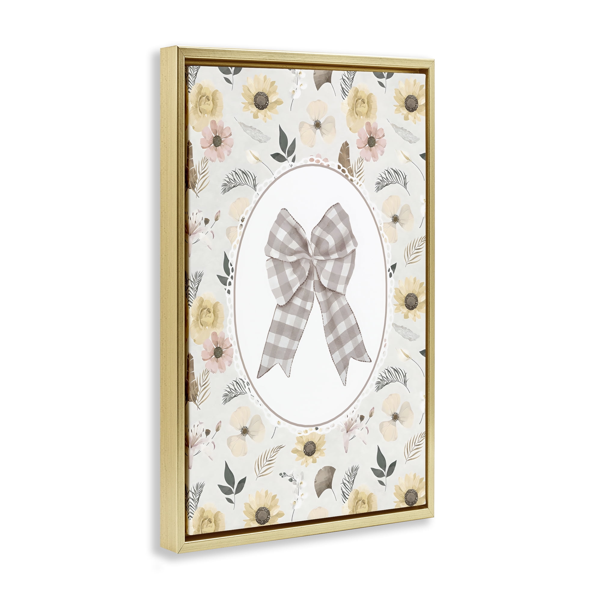 Stupell Industries Sunnyside Bow in Gingham Gold Framed Floater Canvas Wall Art, design by Ink Drop Loft
