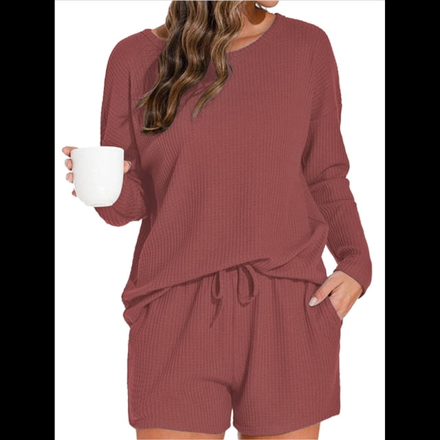 Conjunto de Pijama para Mujer, de Punto Gofre, Informal, de Dos Piezas, con Bolsillos Rojo Marrón S